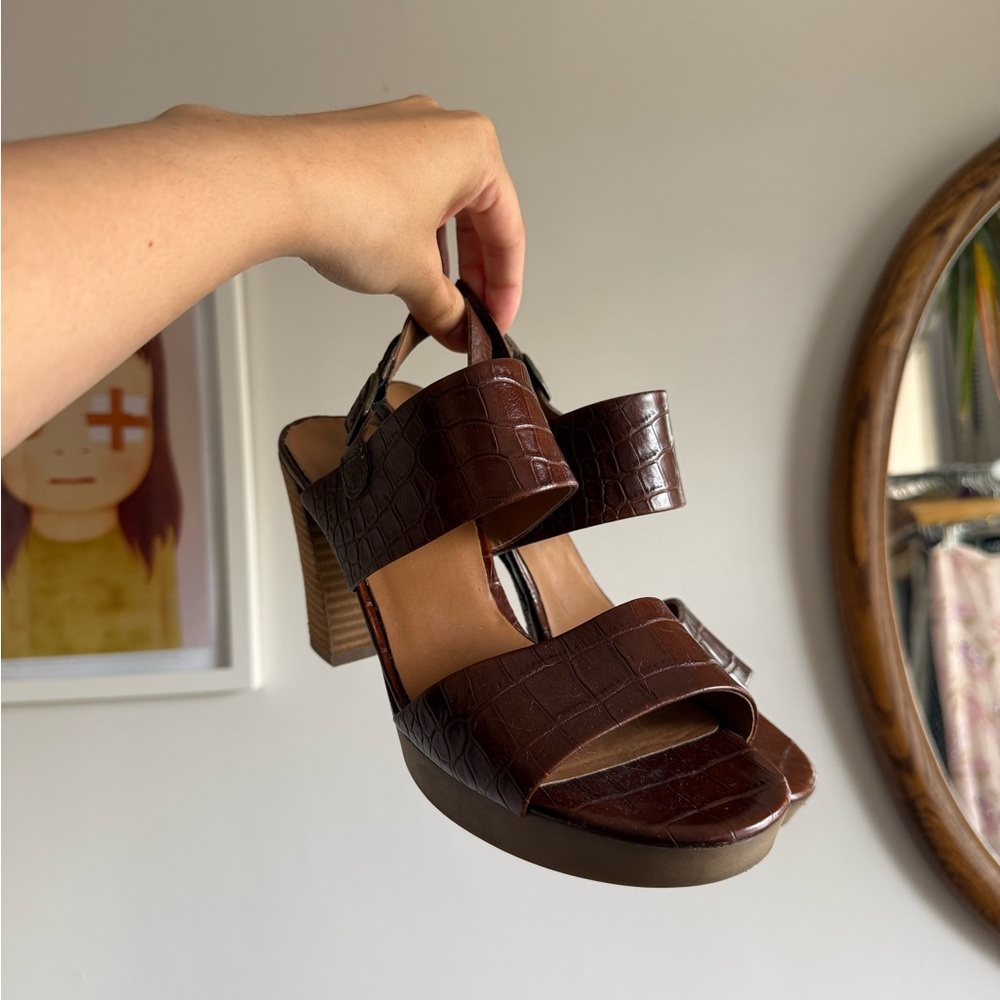 Brown Croc-Embossed Platform Heel Sandals - Women
